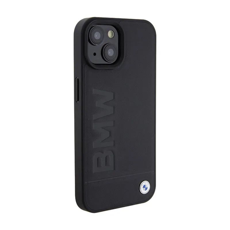 BMW Leather Hot Stamp MagSafe – dėklas, skirtas iPhone 15 Plus (juodas)