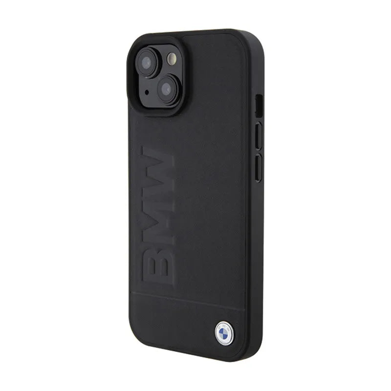 BMW Leather Hot Stamp MagSafe – dėklas, skirtas iPhone 15 Plus (juodas)