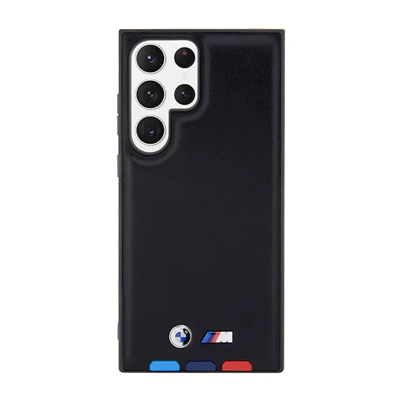 BMW Leather Hot Stamp Tricolor – dėklas Samsung Galaxy S23 Ultra (juodas)