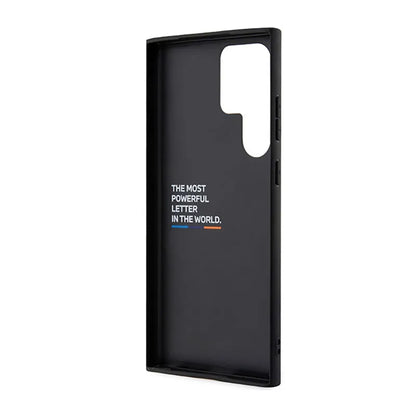 BMW Leather Hot Stamp Tricolor – dėklas Samsung Galaxy S23 Ultra (juodas)