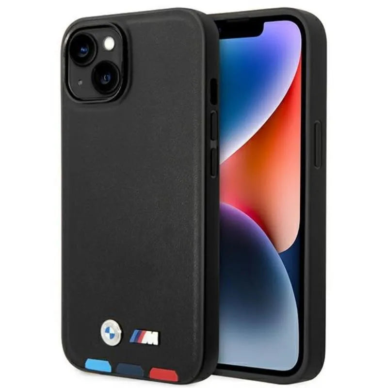 BMW Leather Hot Stamp Tricolor – dėklas skirtas iPhone 14 Plus (Juoda)