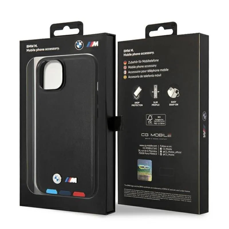 BMW Leather Hot Stamp Tricolor – dėklas skirtas iPhone 14 Plus (Juoda)