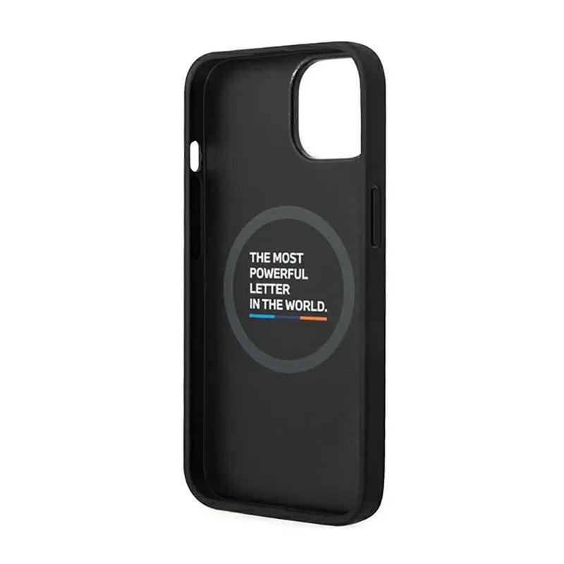 BMW Leather Hot Stamp Tricolor MagSafe – Dėklas, skirtas iPhone 14 (juodas)