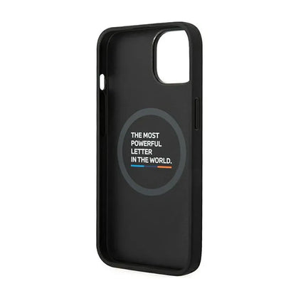BMW Leather Hot Stamp Tricolor MagSafe - Dėklas, skirtas iPhone 14 Plus (juoda)