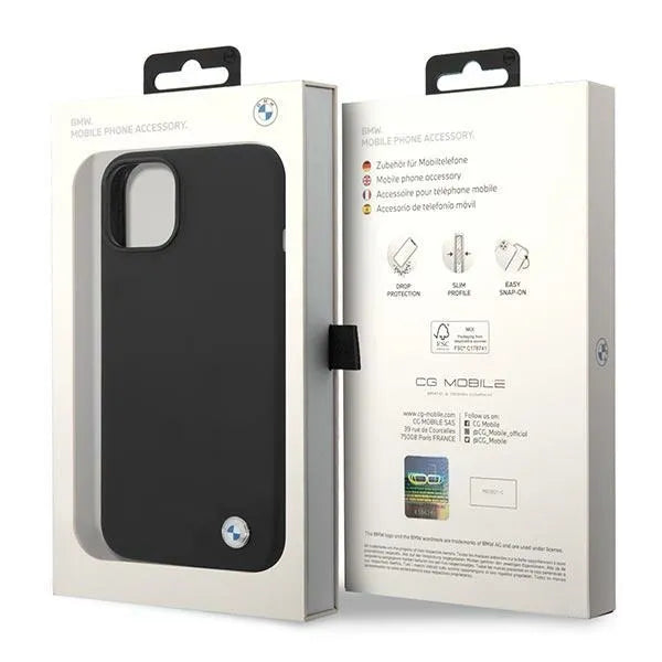 "BMW Liquid" silikoninis dėklas su metaliniu logotipu, skirtas iPhone 14 (juodas)