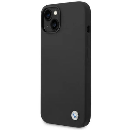"BMW Liquid" silikoninis dėklas su metaliniu logotipu, skirtas iPhone 14 (juodas)