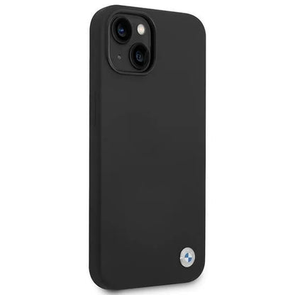 "BMW Liquid" silikoninis dėklas su metaliniu logotipu, skirtas iPhone 14 (juodas)