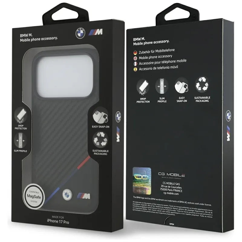 BMW M Carbon Tricolor Line MagSafe dėklas iPhone 17 Pro (juodas)