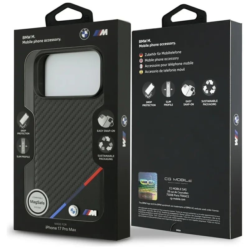 BMW M Carbon Tricolor Line MagSafe - dėklas iPhone 17 Pro Max (juodas)