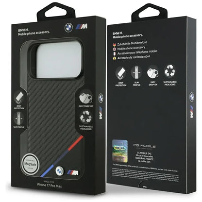 BMW M Carbon Tricolor Line MagSafe - dėklas iPhone 17 Pro Max (juodas)