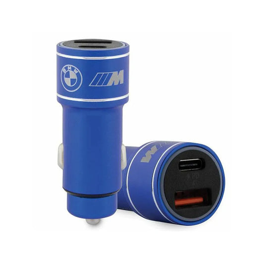 BMW M Edition - Greito įkrovimo automobilinis įkroviklis USB-C & USB-A PD 18W + QC 3.0 18W (mėlynas)