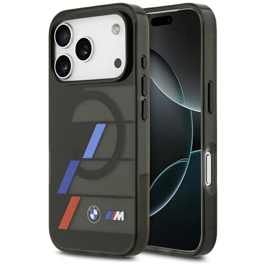 BMW M IML metaliniai mygtukai su trispalvėmis linijomis, MagSafe - dėklas iPhone 17 Pro Max (juodas)
