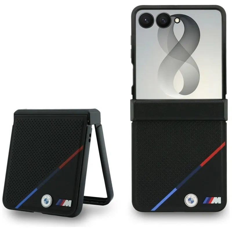 BMW M Leather Perforated Tricolor Stripe Metal Logos MagSafe – dėklas Samsung Galaxy Z Flip 8 (juodas)