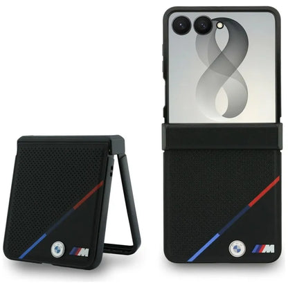 BMW M Leather Perforated Tricolor Stripe Metal Logos MagSafe – dėklas Samsung Galaxy Z Flip 8 (juodas)