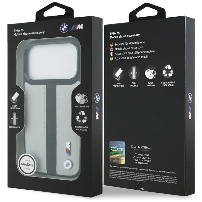 BMW M perforuota juostelės logotipas MagSafe - iPhone 17 Pro dėklas (pilkas)