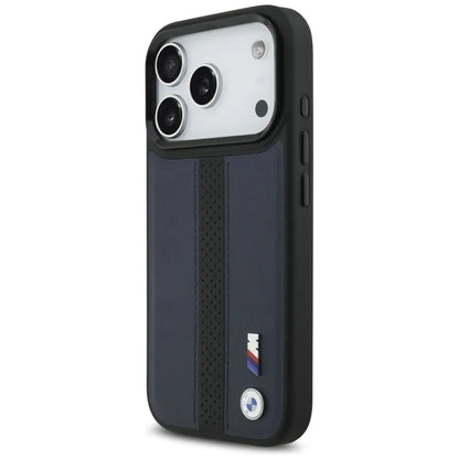 BMW M perforuotos juostelės logotipas MagSafe - iPhone 17 Pro dėklas (tamsiai mėlynas)