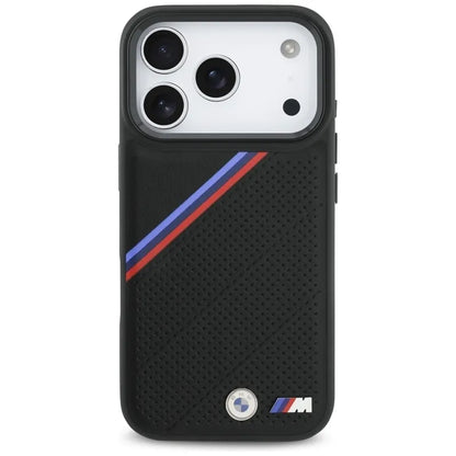 BMW M Tricolor Metal Logo MagSafe dėklas – iPhone 17 Pro (Juodas)
