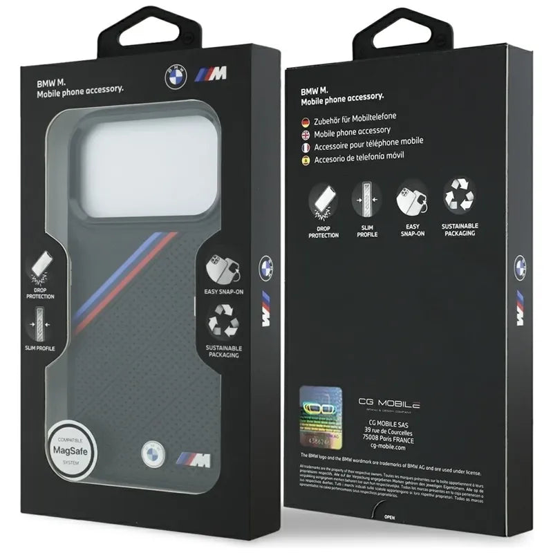 BMW M Tricolor Metal Logo MagSafe dėklas – iPhone 17 Pro (Juodas)