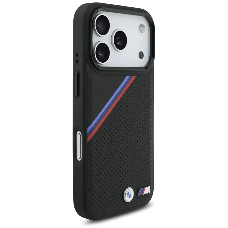 BMW M Tricolor Metal Logo MagSafe dėklas – iPhone 17 Pro (Juodas)