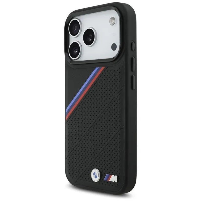 BMW M Tricolor Metal Logo MagSafe dėklas – iPhone 17 Pro (Juodas)