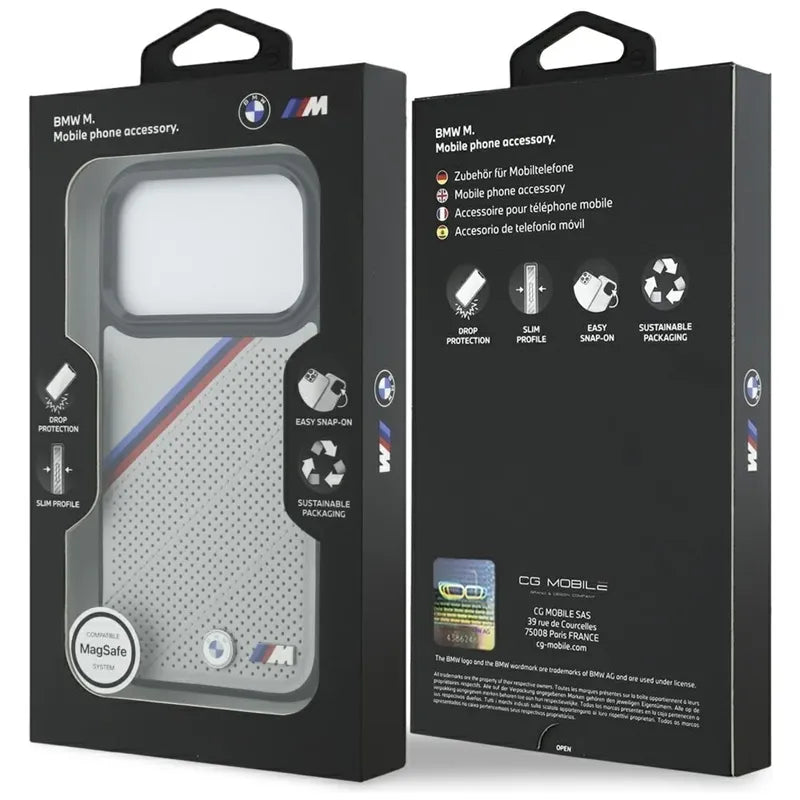 BMW M Tricolor Metal Logo MagSafe dėklas - iPhone 17 Pro (Pilkas)