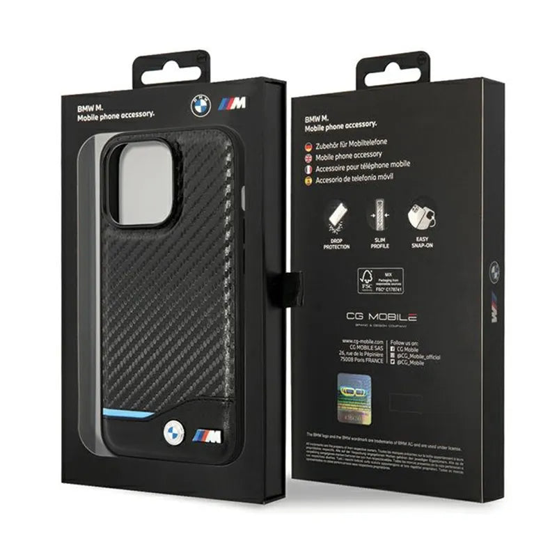BMW od anglies pluošto ir odos "Blue Line" – dėklas, skirtas „iPhone 13 Pro“ (juodas)