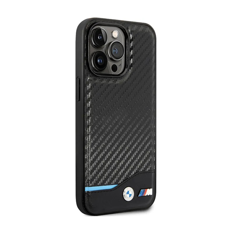 BMW od anglies pluošto ir odos "Blue Line" – dėklas, skirtas „iPhone 13 Pro“ (juodas)