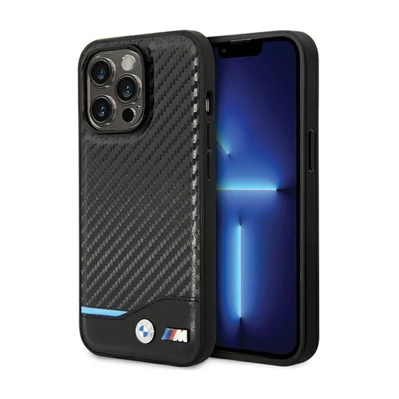 BMW od anglies pluošto ir odos "Blue Line" – dėklas, skirtas „iPhone 13 Pro“ (juodas)