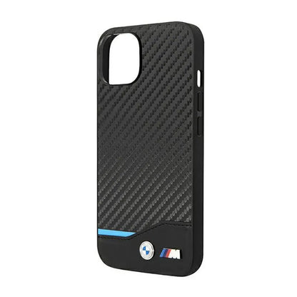 BMW od anglies pluošto, mėlyna linija – dėklas, skirtas „iPhone 14 Plus“ (juodos spalvos)