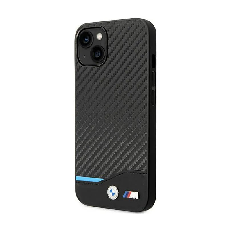 BMW od anglies pluošto mėlynos linijos odinis dėklas, skirtas iPhone 14 (juodas)