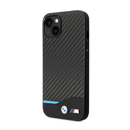 BMW od anglies pluošto mėlynos linijos odinis dėklas, skirtas iPhone 14 (juodas)