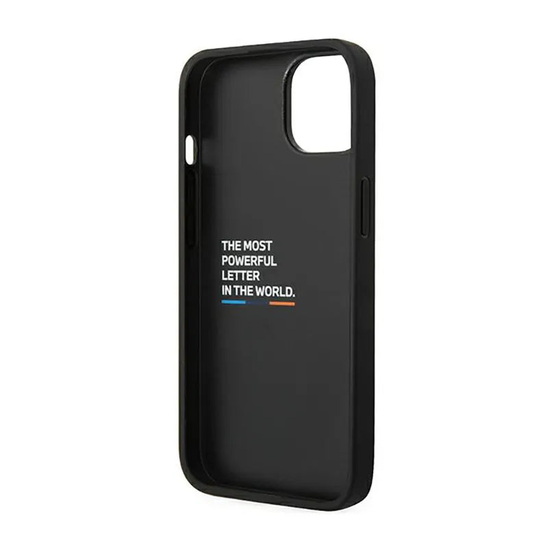 BMW od anglies pluošto mėlynos linijos odinis dėklas, skirtas iPhone 14 (juodas)