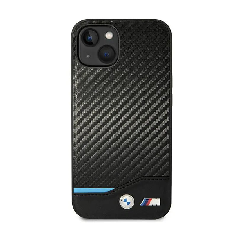 BMW od anglies pluošto mėlynos linijos odinis dėklas, skirtas iPhone 14 (juodas)