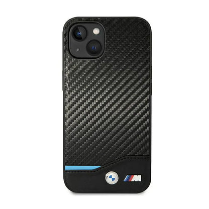 BMW od anglies pluošto mėlynos linijos odinis dėklas, skirtas iPhone 14 (juodas)