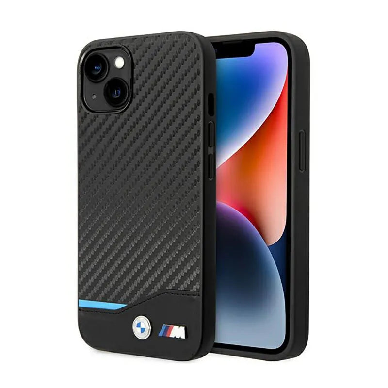 BMW od anglies pluošto mėlynos linijos odinis dėklas, skirtas iPhone 14 (juodas)