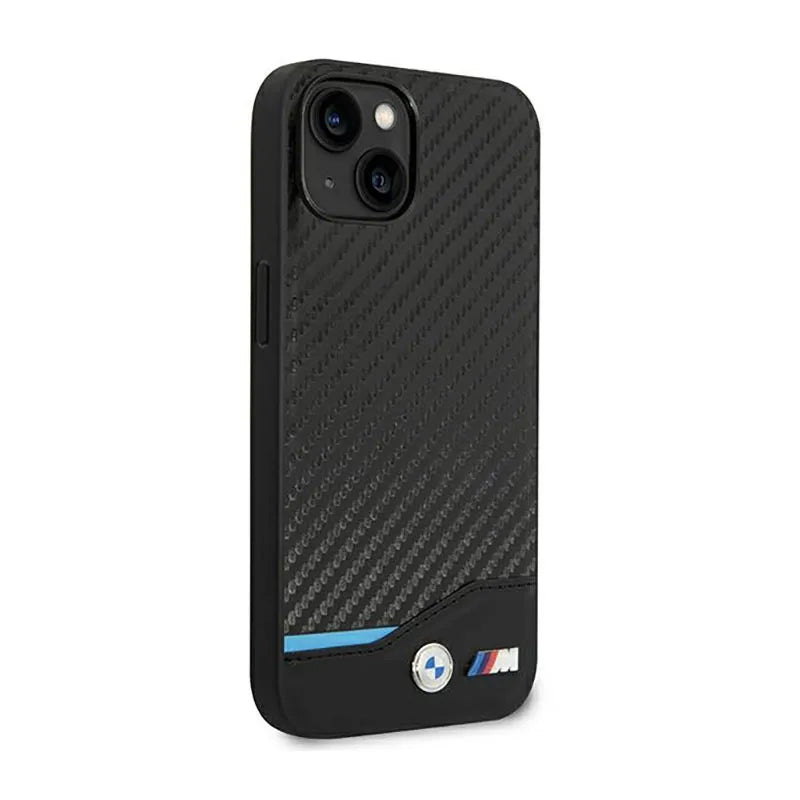 BMW od anglies pluošto mėlynos linijos odinis dėklas, skirtas iPhone 14 (juodas)