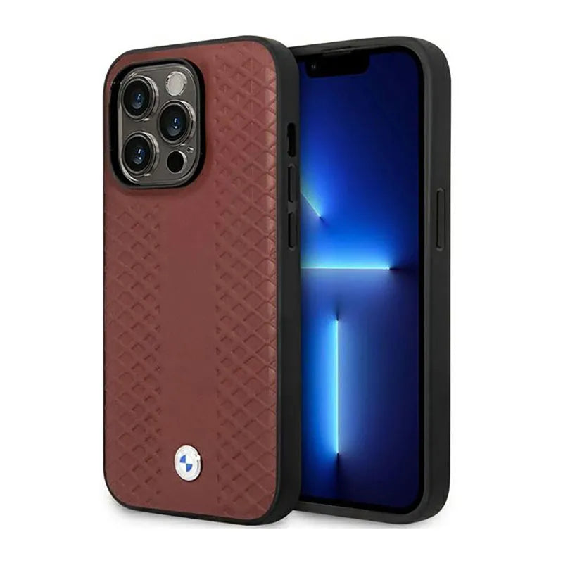BMW od natūralios odos deimantinio rašto – dėklas, skirtas „iPhone 14 Pro Max“ (Burgundo)