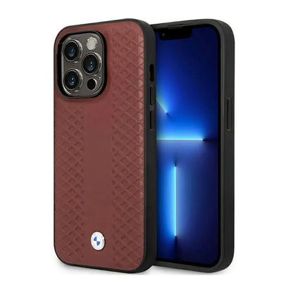 BMW od natūralios odos deimantinio rašto – dėklas, skirtas „iPhone 14 Pro Max“ (Burgundo)