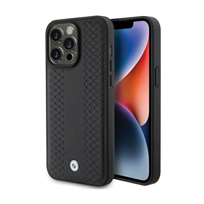 BMW od natūralios odos deimantinio rašto dėklas, skirtas „iPhone 15 Pro Max“ (juodas)