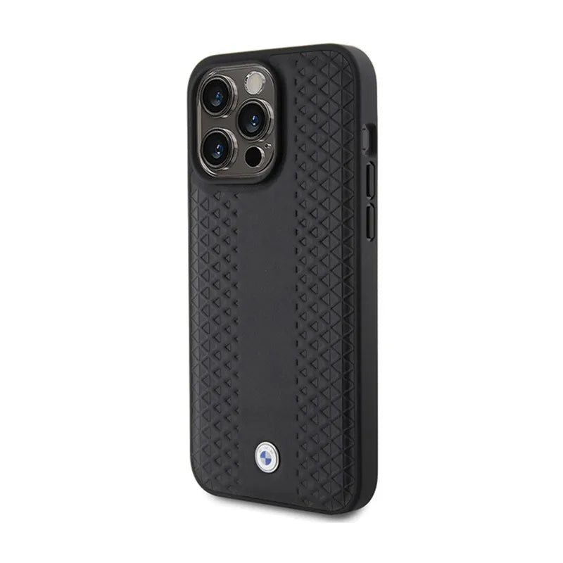 BMW od natūralios odos deimantinio rašto dėklas, skirtas „iPhone 15 Pro Max“ (juodas)