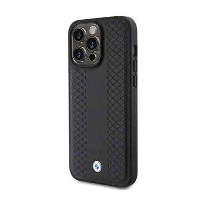 BMW od natūralios odos deimantinio rašto dėklas, skirtas „iPhone 15 Pro Max“ (juodas)