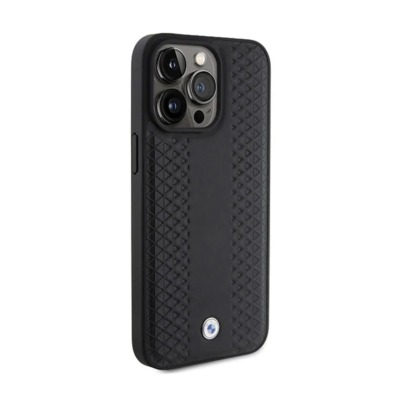 BMW od natūralios odos deimantinio rašto dėklas, skirtas „iPhone 15 Pro Max“ (juodas)