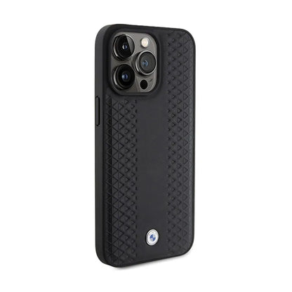 BMW od natūralios odos deimantinio rašto dėklas, skirtas „iPhone 15 Pro Max“ (juodas)