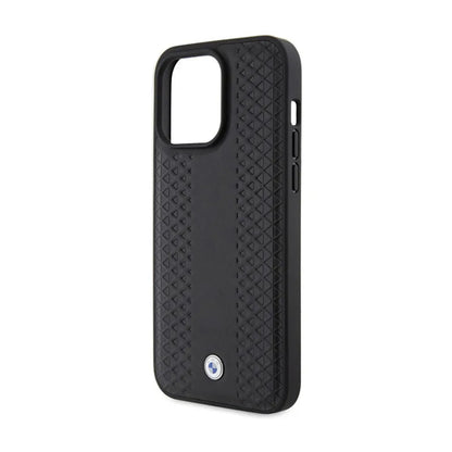 BMW od natūralios odos deimantinio rašto dėklas, skirtas „iPhone 15 Pro Max“ (juodas)