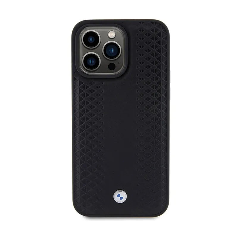 BMW od natūralios odos deimantinio rašto dėklas, skirtas „iPhone 15 Pro Max“ (juodas)
