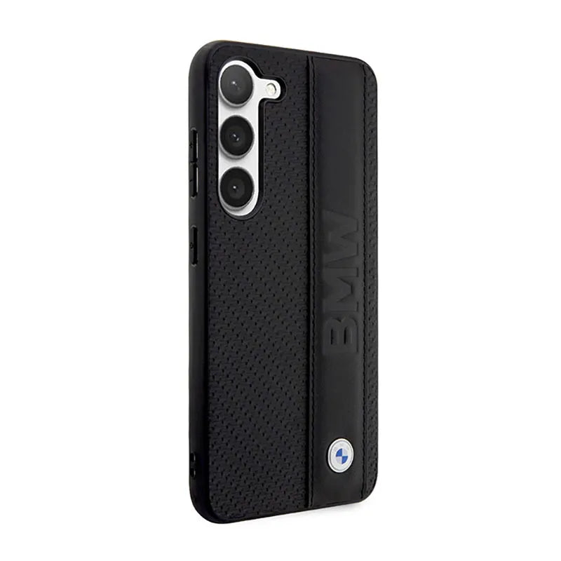 BMW od natūralios odos dėklas su tekstūra ir juosta - Samsung Galaxy S23 (juodas)