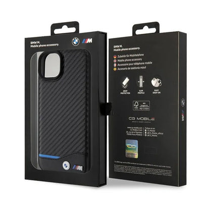 BMW od odos, karbono, su mėlyna linija – dėklas iPhone 15 Plus (juodas)
