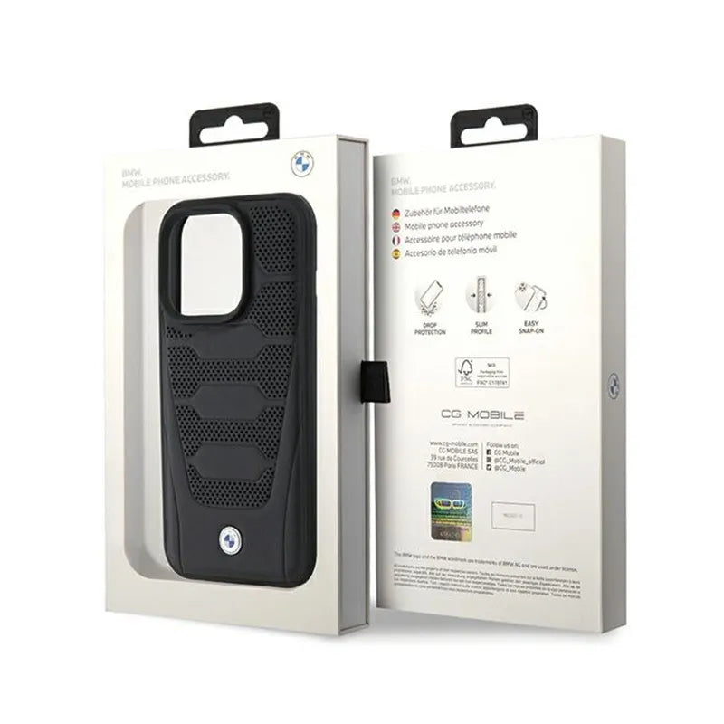 BMW odos sėdynių raštas – dėklas skirtas iPhone 15 Pro Max (juodas)