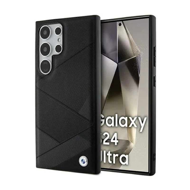 BMW Signature Leather Crossing Lines Pattern – dėklas, skirtas Samsung Galaxy S24 Ultra (juodas)