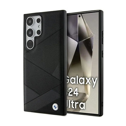BMW Signature Leather Crossing Lines Pattern – dėklas, skirtas Samsung Galaxy S24 Ultra (juodas)